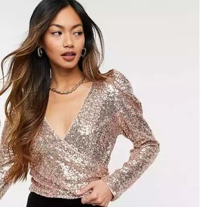 NEW - ASOS DESIGN volume sleeve wrap top in all over pink SEQUIN size 14